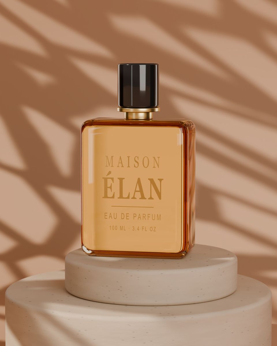 Maison Élan eau de parfum on travertine plinths in leaf-shadow sunlight